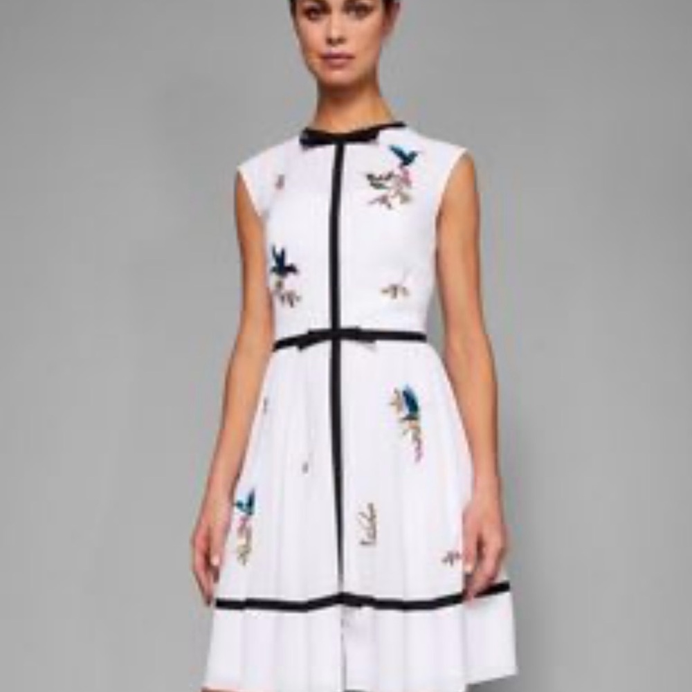 Ted Baker London White Dress with Bird Embroidery